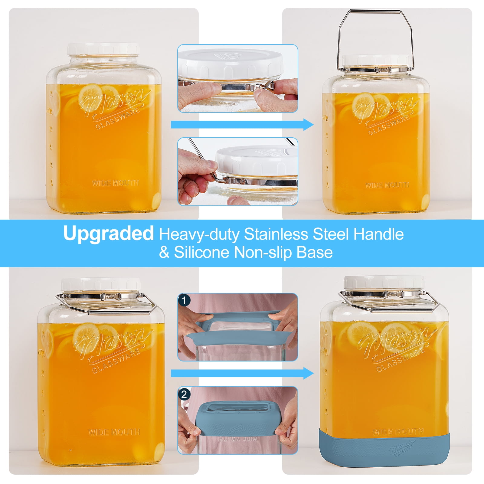 2 Pack 2 Gallon Glass Jar with Airtight Lid, 256 Oz Large Wide Mouth Mason Jar with Non-slip Base and Stainless Steel Handle - Glass Food Storage Containers for Flour, Cereals, Rice and Picking