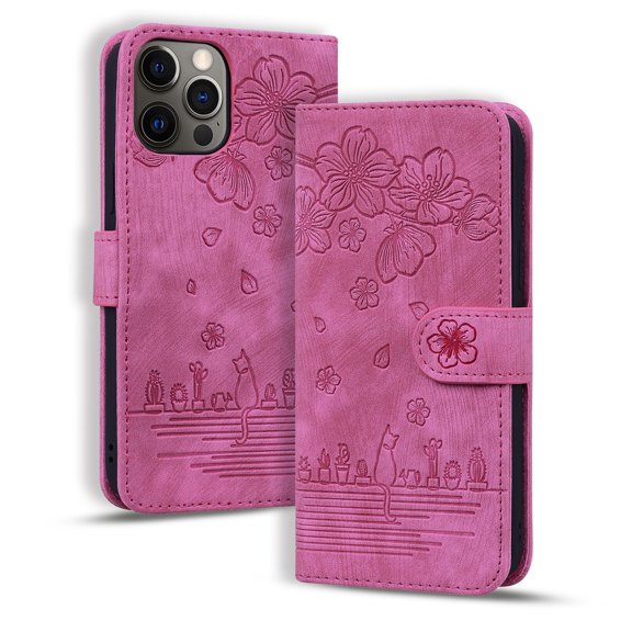 Dteck Case for iPhone 14 Pro 6.1" 2022, Luxury Embosed Pattern PU Leather Case Magnetic Buckle Flip Kicksand Card Slots Shckproof Anti-drop Cash Pocket Full Body Protective Case for iPhone 14 Pro,Rose