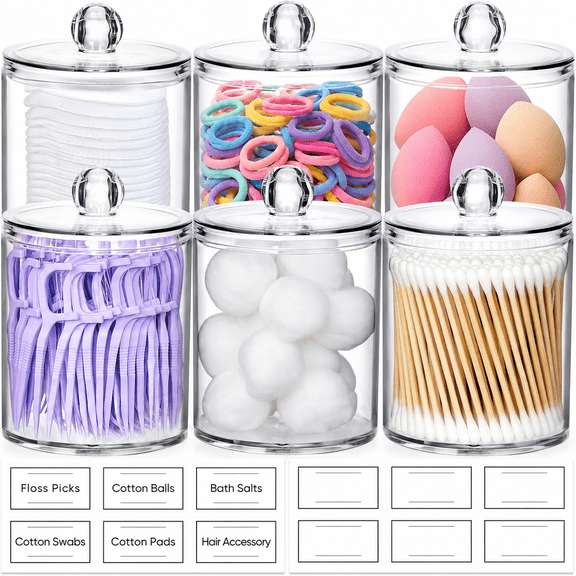 HBlife 6 Pack Acrylic Qtip Holder Dispenser for Cotton Ball, Vanity Makeup Organizer, Clear