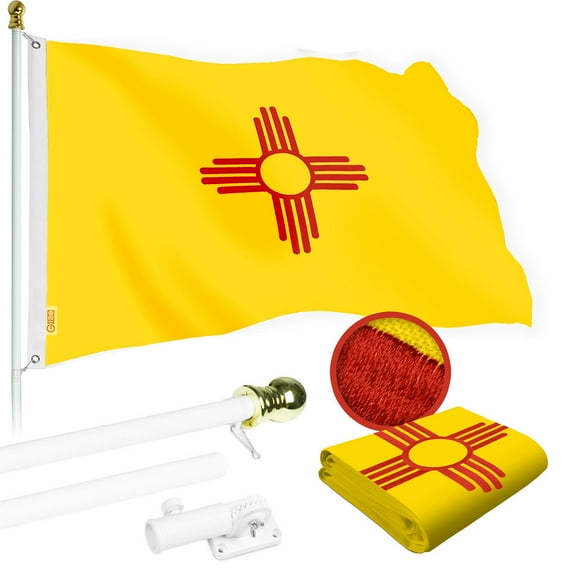 G128 Combo Pack: 6 Ft Tangle Free Spinning Flagpole (White) & New Mexico Flag 3x5 Ft Embroidered 220GSM Spun Polyester, Brass Grommets (Flag Included) Aluminum Flag Pole