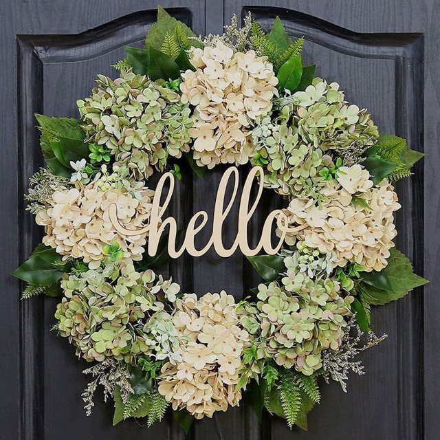 Corona de hortensias hecha a mano ckepdyeh, verde, blanco, artificial, para primavera, verano, granja, flores, corona para puerta de entrada