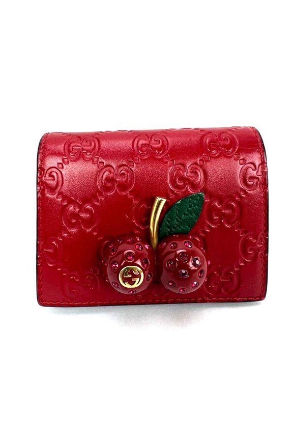 Pre-Owned Gucci Guccissima Bifold Cherries Compact Red Leather Wallet