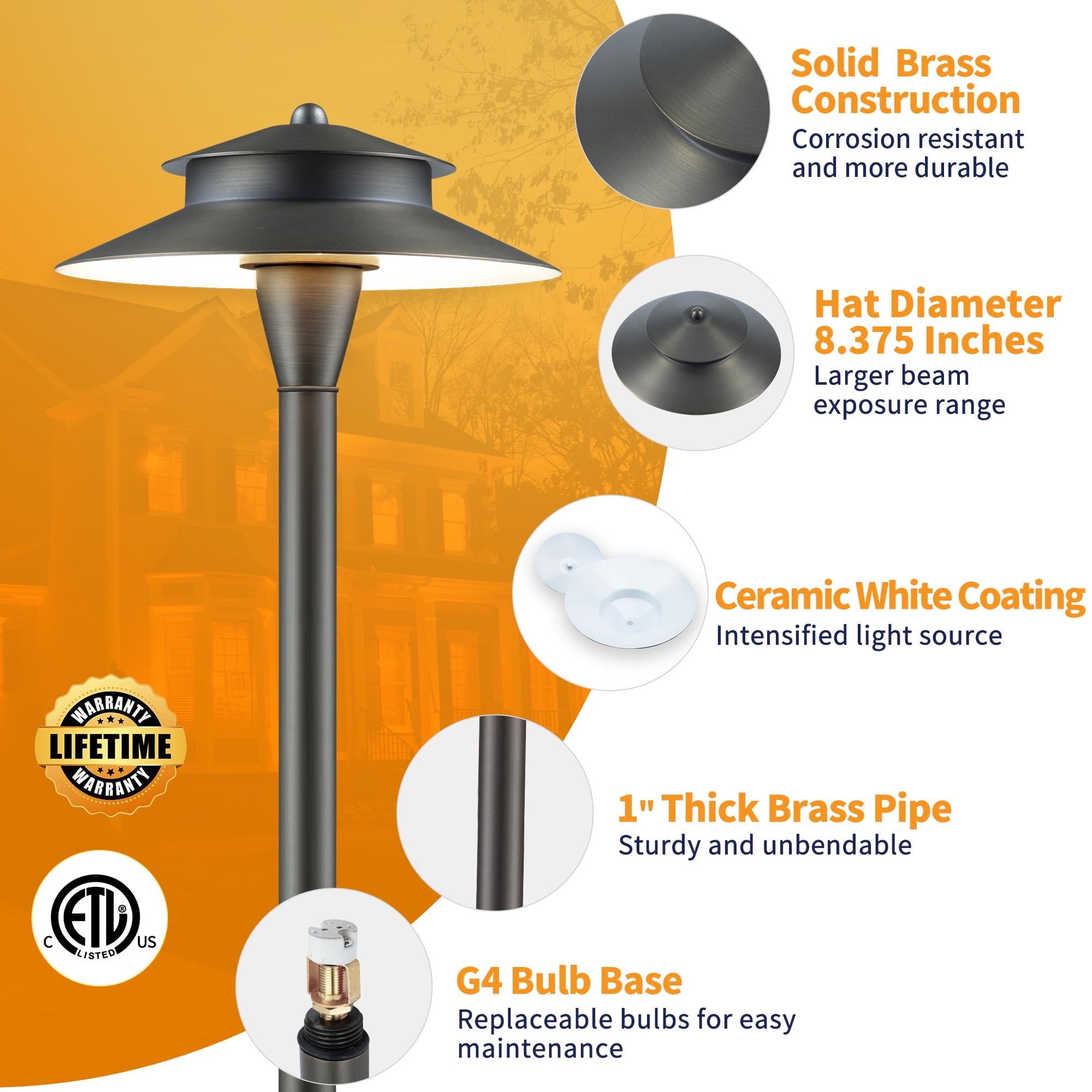 Gardenreet Brass Low Voltage Pathway Lights, 12V Outdoor LED Landscape Path Lights(Double Hat) for Walkway Driveway Garden Yard with 3W 2700K Warm White LED G4 Bulb