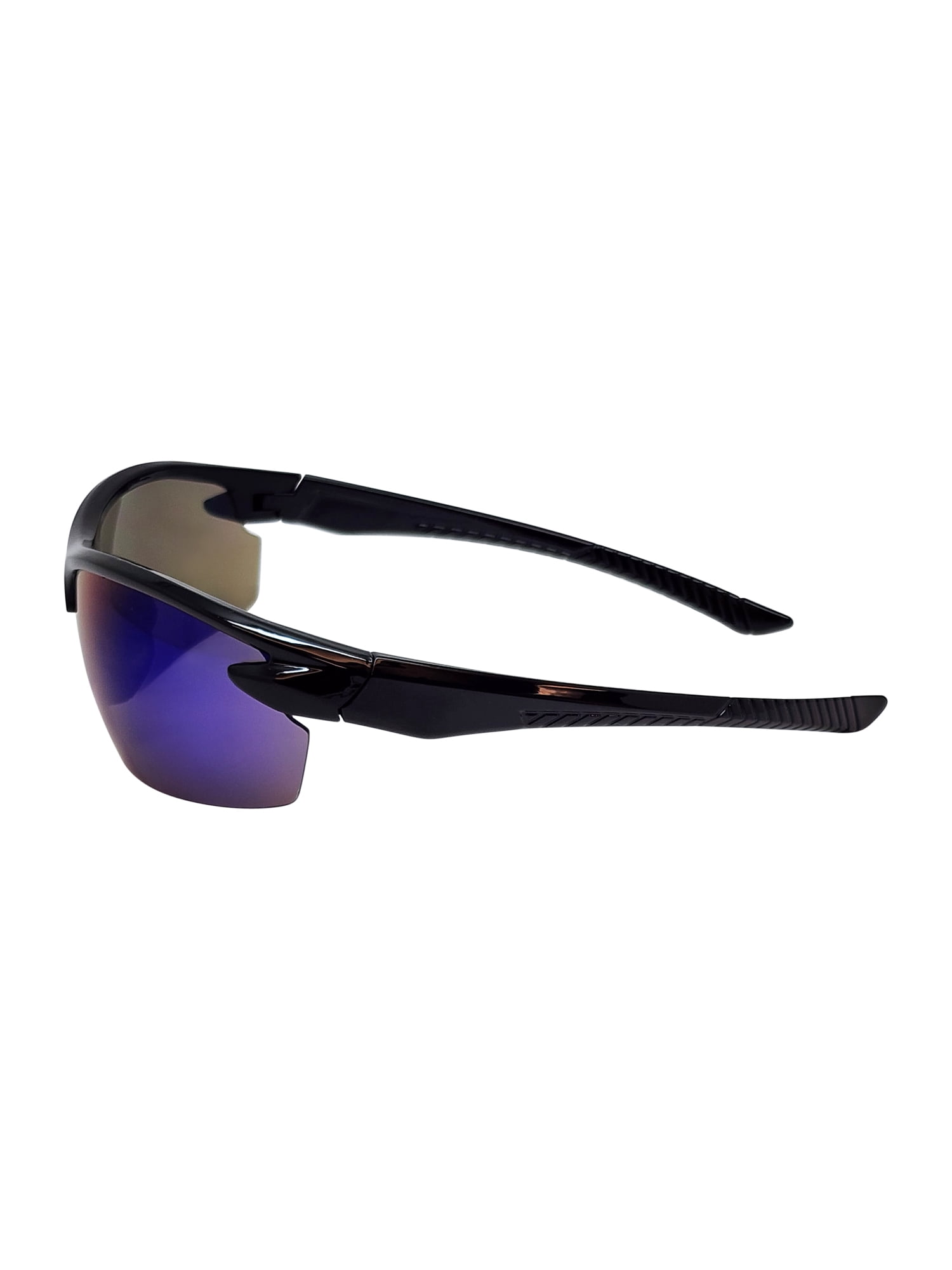 Mens Plastic Sports Wrap Semi Rim Sunglasses with Black Frames and Blue Mirrored Lenses