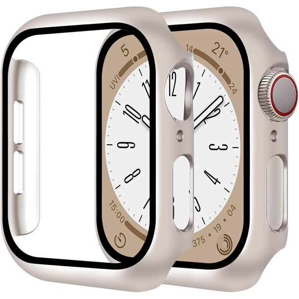 Smiling Paquete de 2 estuches con protector de pantalla de vidrio templado incorporado, compatible con Apple Watch Series 9 (2023) /Series 8 /Series 7 de 41 mm, estuche rígido para PC, cubierta protec