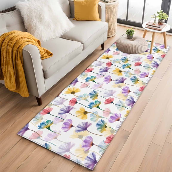 Watercolor Flowers 2'x6' Runner Rugs for Hallway Kitchen Bedside Non Slip Washable, Spring Floral Plants Country Entryway Rug Runners with Rubber Backing, Long Carpet Runner for Laundry Room