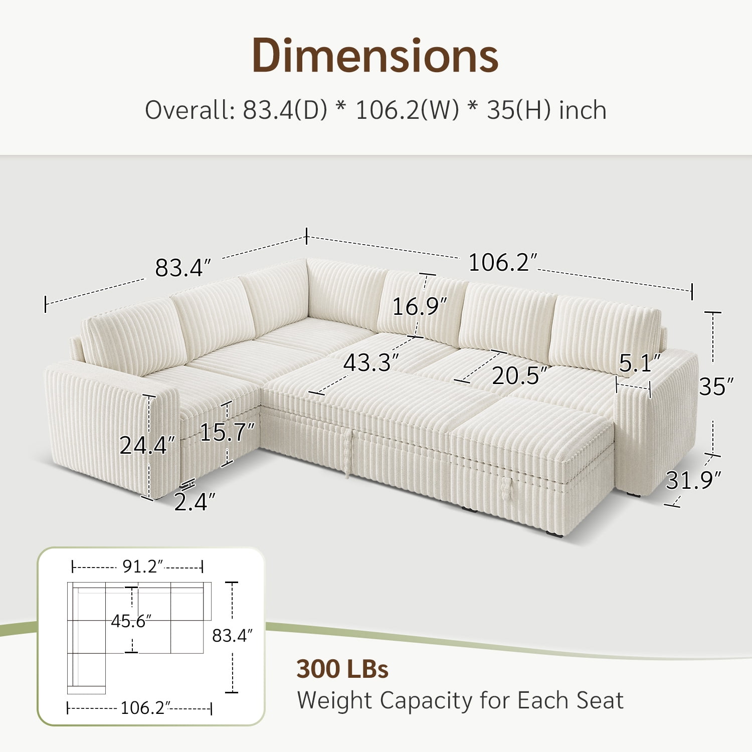 Marrber 106” Oversized Modern Plush Corduroy U-Shaped Modular 7-Seater Pull-Out Sectional Sleeper Sofa Bed with Hidden Storage for Living Room and Apartment, Easy Assembly, White
