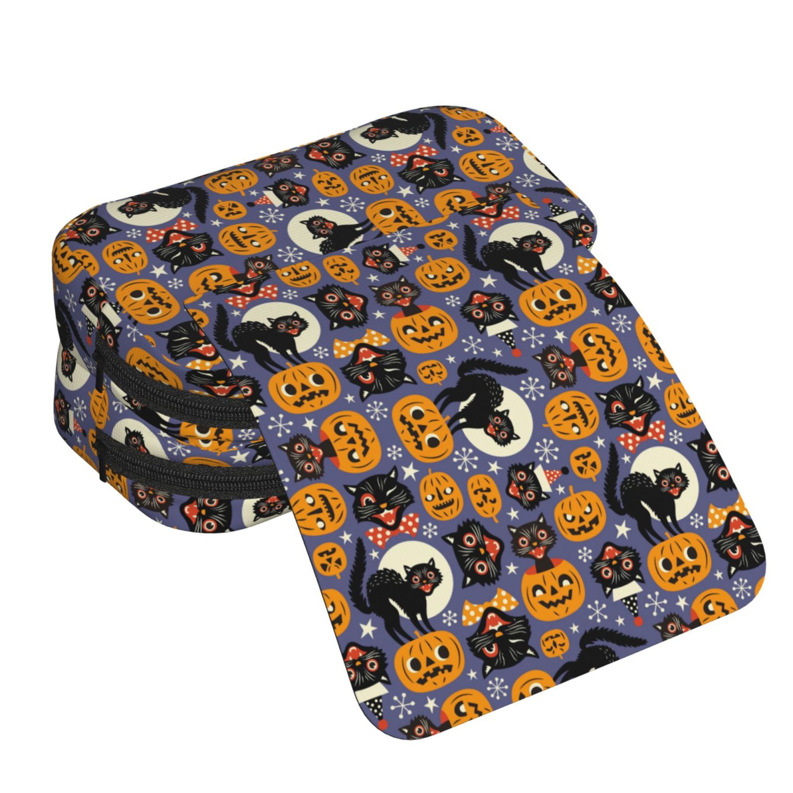 Rateoe Spooky Cats And Halloween Pumpkins Pattern Double Clamshell Pen Case, Storage Organizer with Two Zipper Compartments– Holds Up to 50 Pencils & Pens