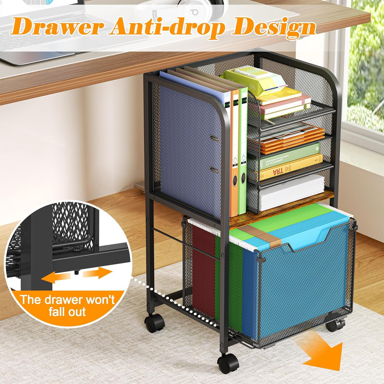 5-Tier Rolling File Cart Under Desk with Drawers, File Cabinet Organizer for Hanging File Folders, Letter-Size File Storage with Wheels, Multi-Layer Mobile Filing Cabinet for Under Desk Storage