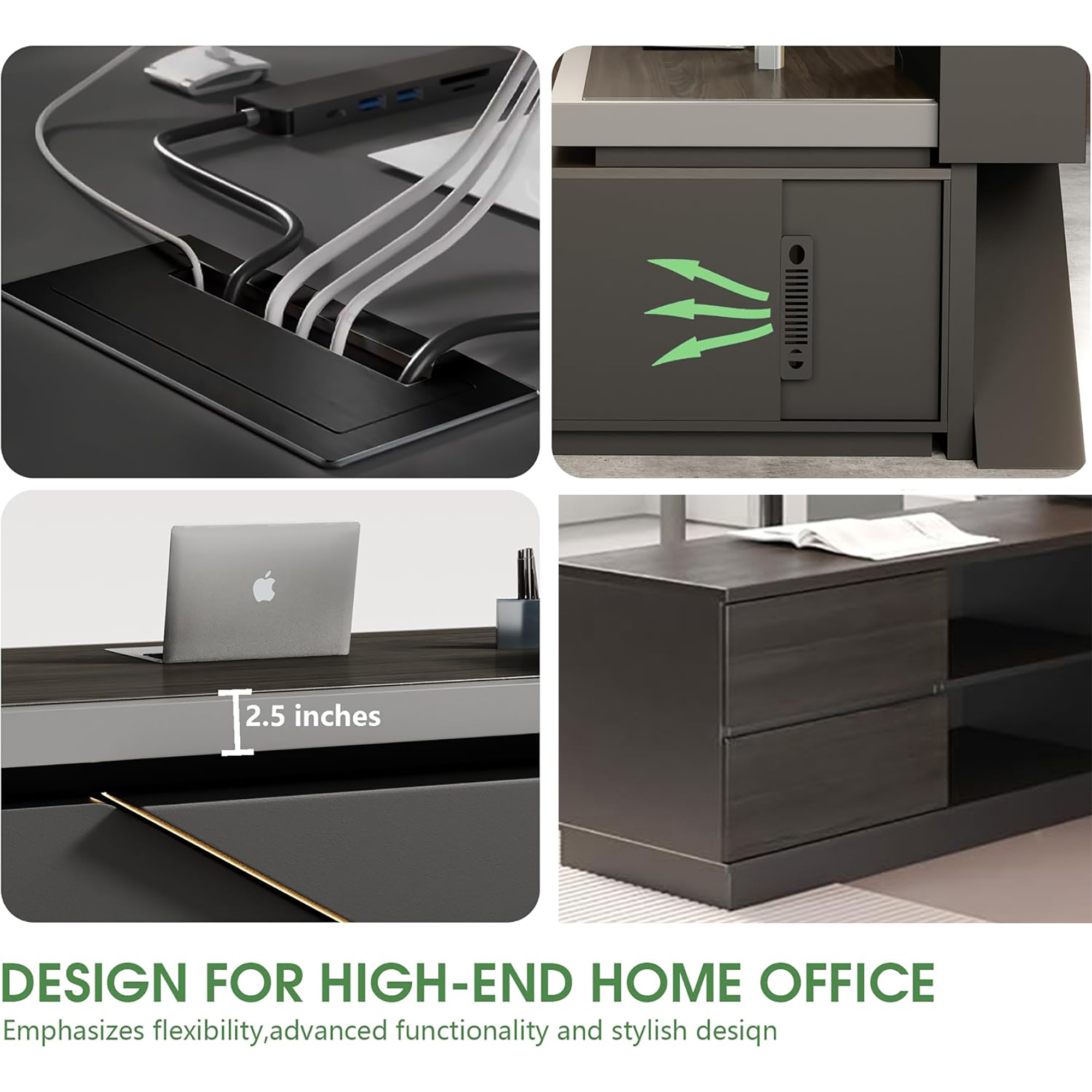 Vivvoo 78.7" Black  L Shaped Executive Desk with Drawers Light for Home Office(Left Return)