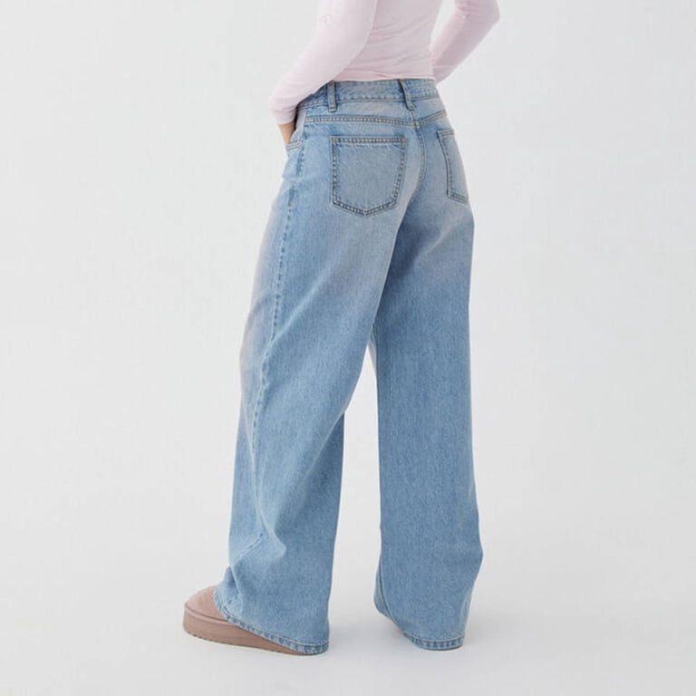 Women's Mid-Rise Slightly Flared Jeans - Stretch Denim Wide Leg Baggy Boyfriend Pants