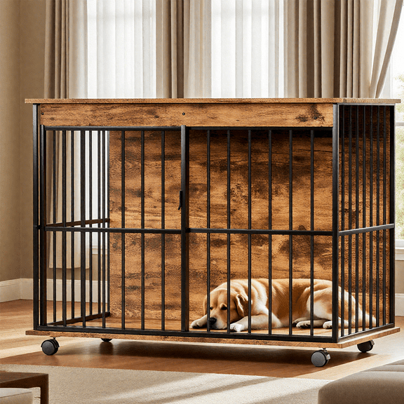 ZephyPaws 44in Dog Crate Furniture,Wooden Dog Kennel Indoor with Double Doors, Dog Cage with Wheels,Dog House Side End Table for Large Dogs up to 85 lb,Brown Black