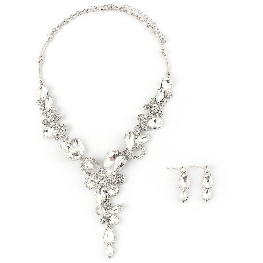 Women Metal Flower Decor Pendant Bib Collar Charming Necklace Earrings White Set by Unique-Bargains