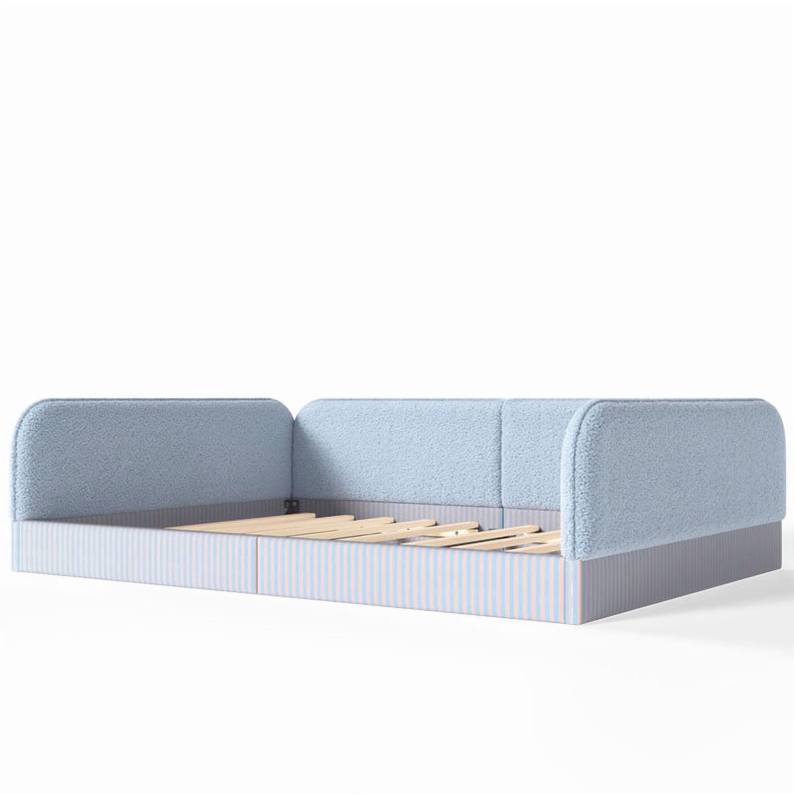 Queen Size Upholstered Floor Daybed Frame for Kids, Half-Enclosed Montessori Platform Bed with 3-Sided Surrounding Guardrails