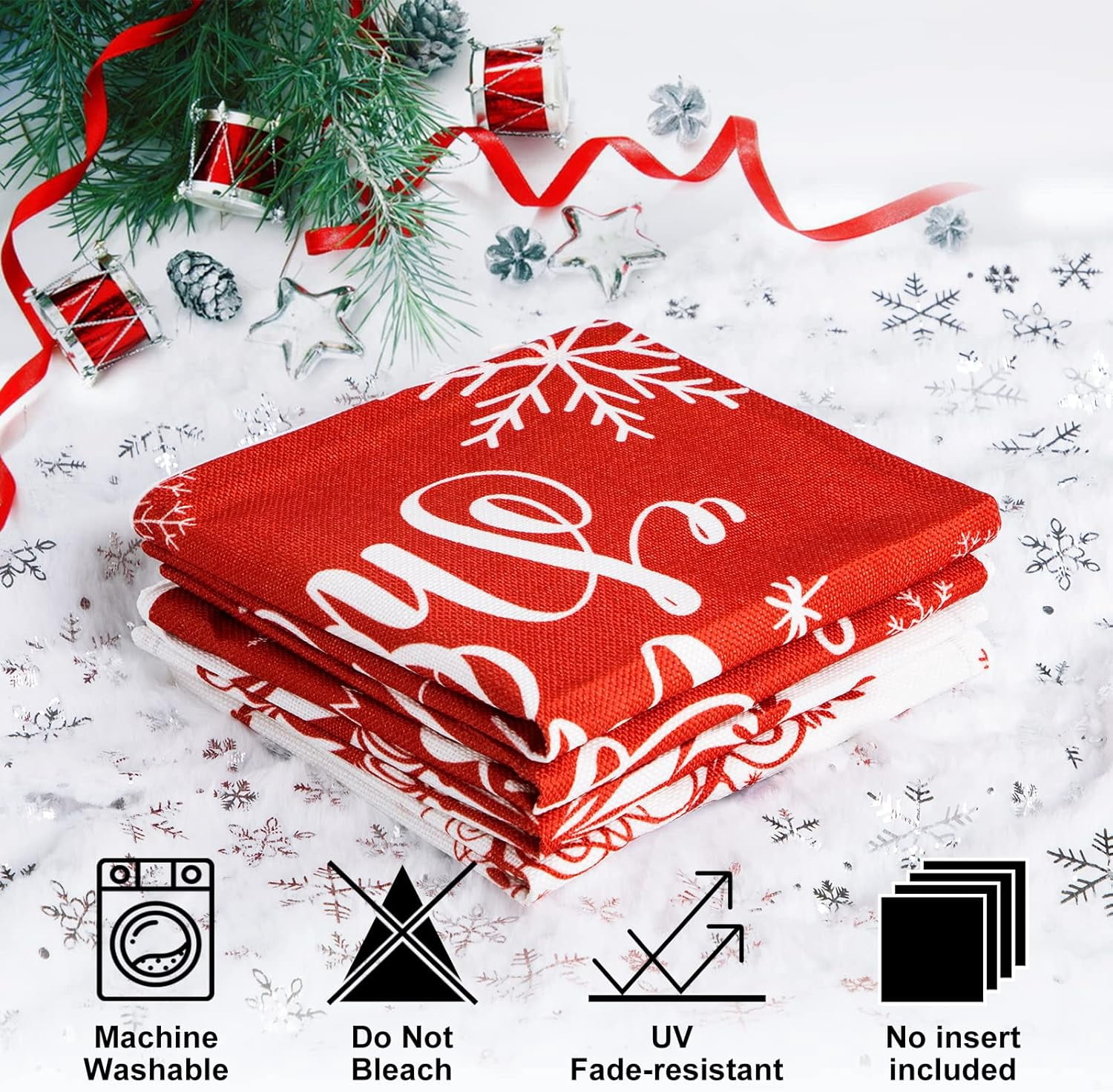 Christmas Throw Pillow Covers 20x20 Set of 4, Merry Christmas Winter Xmas Snowflake Decorative Holiday Cushion Pillow Cases 20 x 20 for Outdoor Indoor Farmhouse Home Room Couch Decor (Red)