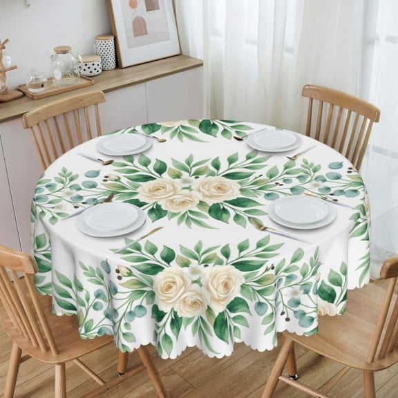 White Roses Green Leaves Gold Dots Round Tablecloth Waterproof Table Cloth Stain and Wrinkle Resistant Washable, Decorative Fabric Table Cover for Dining, Party and Camping