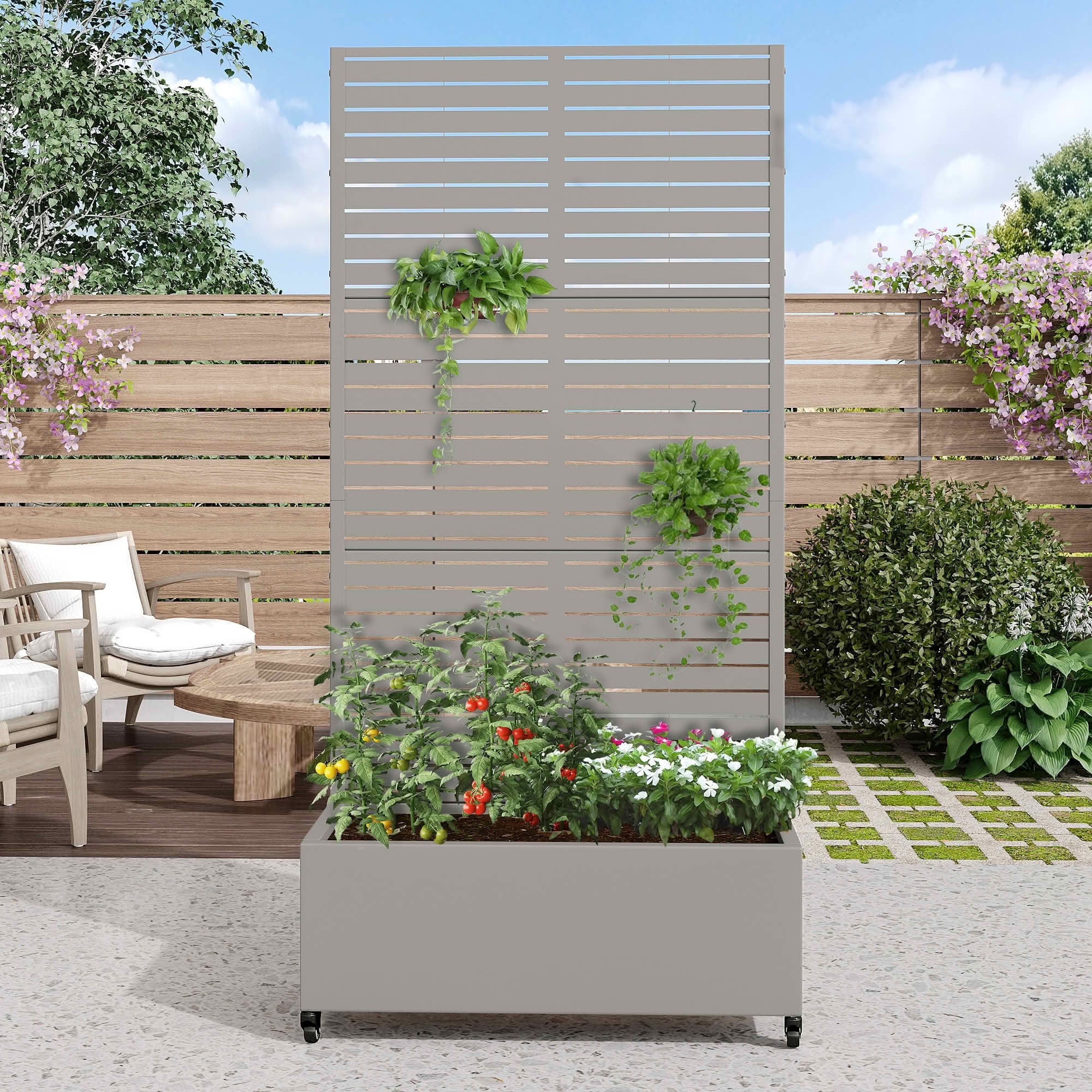 MAYEERTY 72x35x16 Inch Gray Metal Planter Box with Trellis for Outdoor Garden & Patio