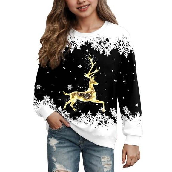 SonxaHe Toddler Girl's Sweatshirt Christmas Reindeer Print Long Sleeve Top Party Loose Comfy Soft Autumn Winter Sweatshirts Black,Sized 3-4
