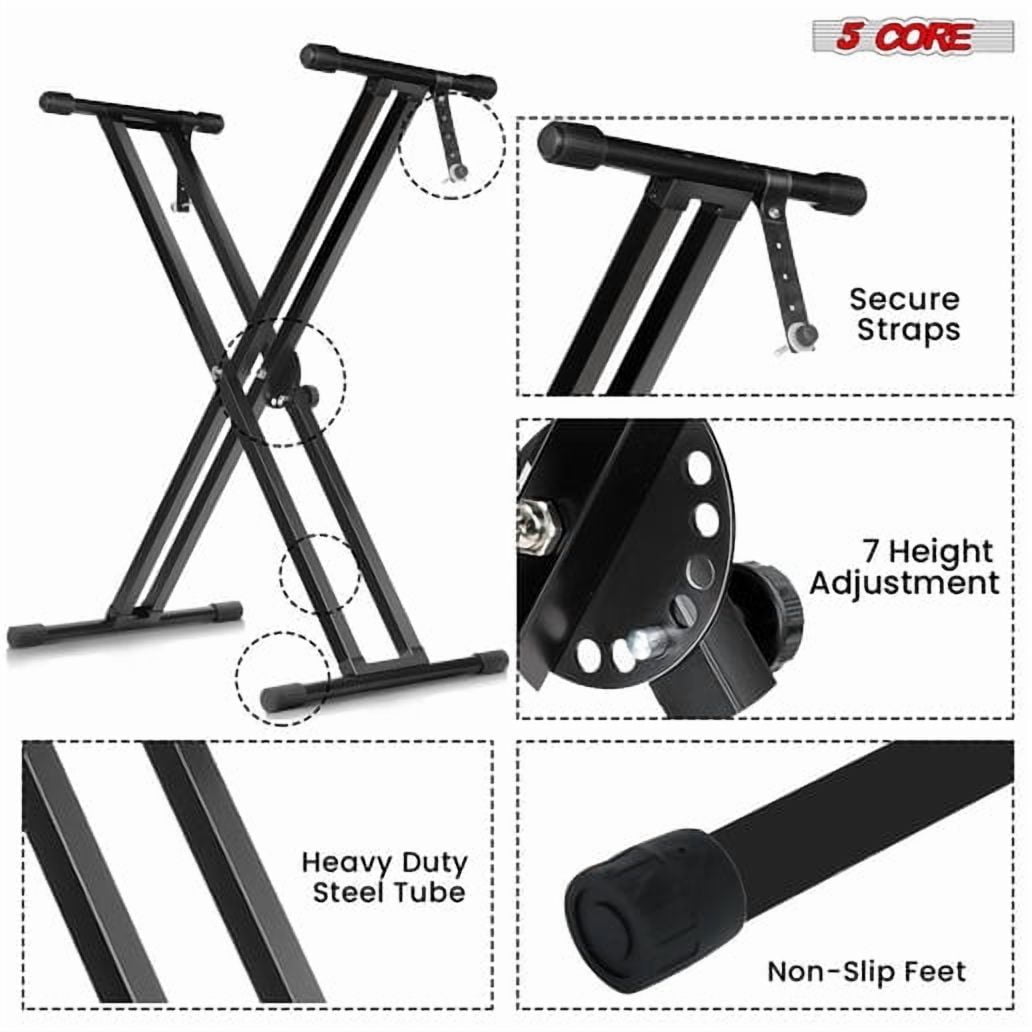 Piano Keyboard Stand Double X Style Heavy Duty Adjustable Digital Electric Piano Riser Durable & Sturdy Music Synthesizer Holder Stands For 61 76 88 Keys w Secure Locking Strap - KS 2X
