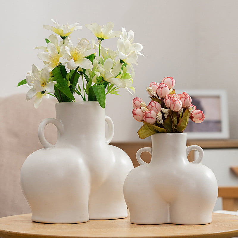 Frosted White Tabletop Ceramic Flower Vase for Décor Lady Butt Vase Human Body Shaped Art Creative Decorative Flower Pot with Side Ring Handle for Home Wedding Christmas Decoration