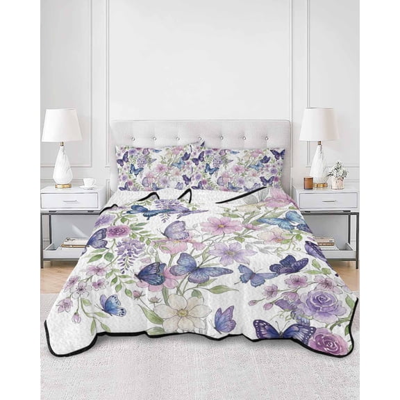 Quilts King Size, Pink Flowers Soft Comforter Bedding Set for Bed, Spring Floral Purple Butterflies Watercolor Lightweight Quilted Bedspread with Pillow Cover(2 Pieces) for All Season, 96x106 Inch