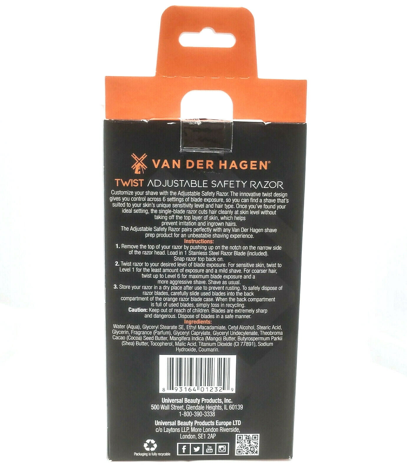 Van Der Hagen Unisex TWIST Adjustable Safety Razor Siver 5 Blades + Shave Butter sample