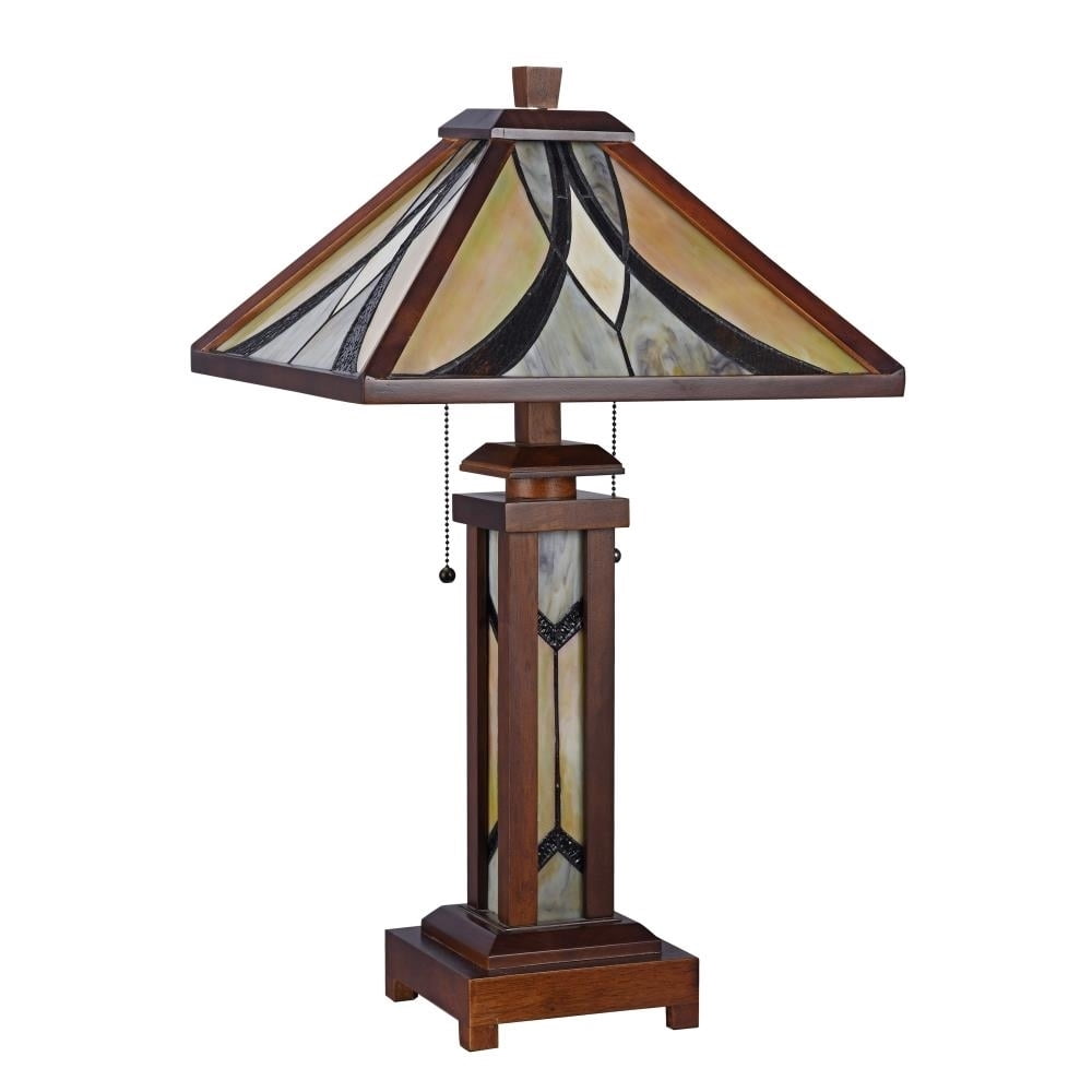 GORDON Tiffany-style Mission 3 Light Double Lit Wooden Table Lamp 15" Shade