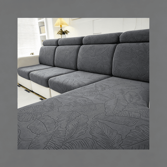 AUQ Stretch Sectional Couch Covers,Wear Resistant Sofa Slipcovers Washable Soft Furniture Protector Anti Slip Lounge Couch Cushion Covers for Dogs Kids (1 Piece Chaise Cover,Leaf Grey)