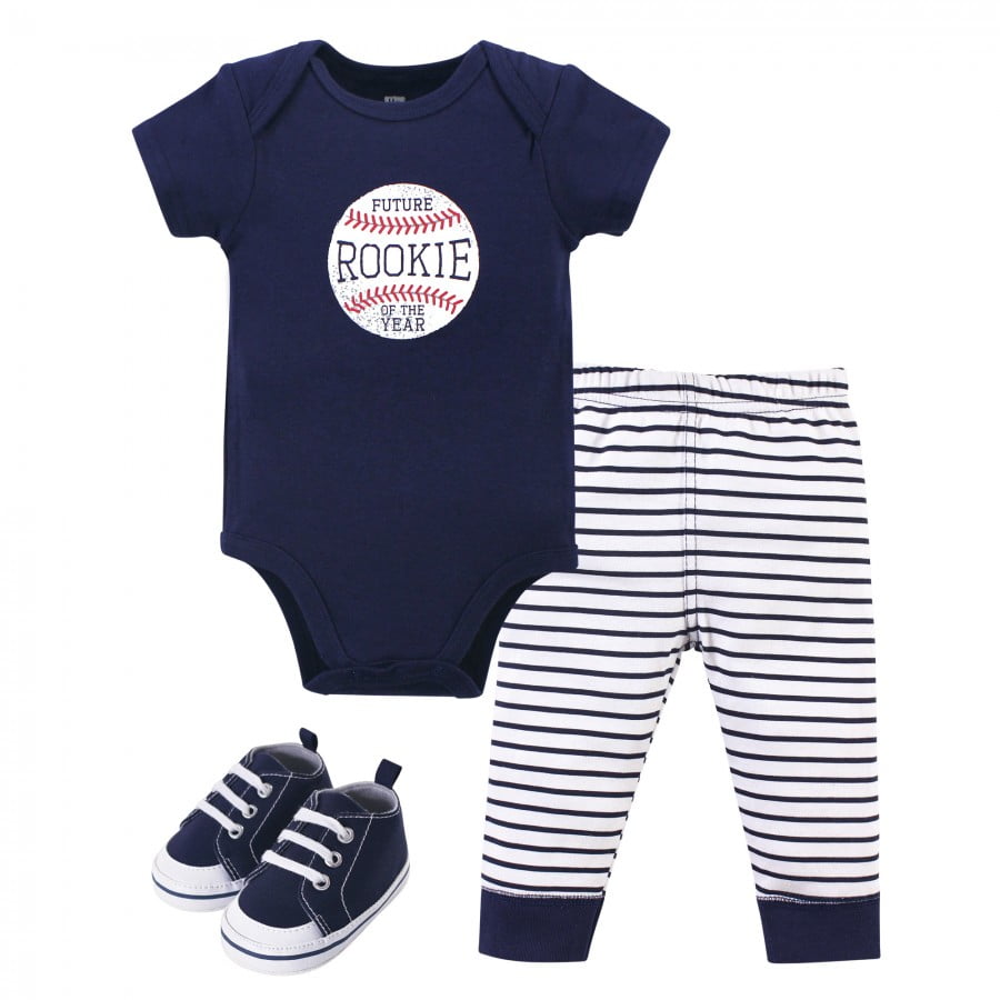 Hudson Baby Infant Boy Cotton Bodysuit, Pant and Shoe 3pc Set, Rookie