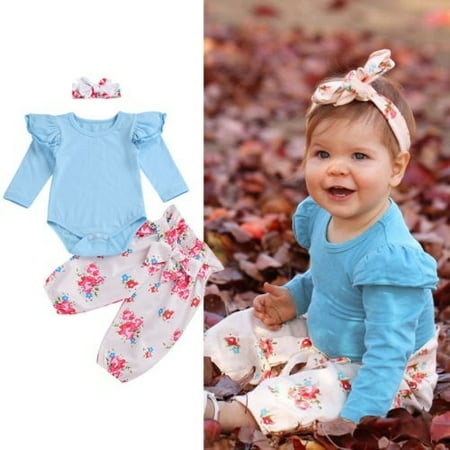 

Hot Newborn Baby Girl Floral Clothes Long Sleeve Romper Bodysuit + Pants 3pcs Outfits set