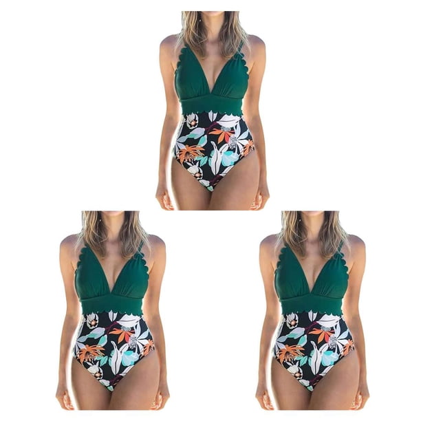 Traje de baño Toystoory de mujer sin mangas espalda abierta acolchado estampado verde + Flor negra L 3piezas