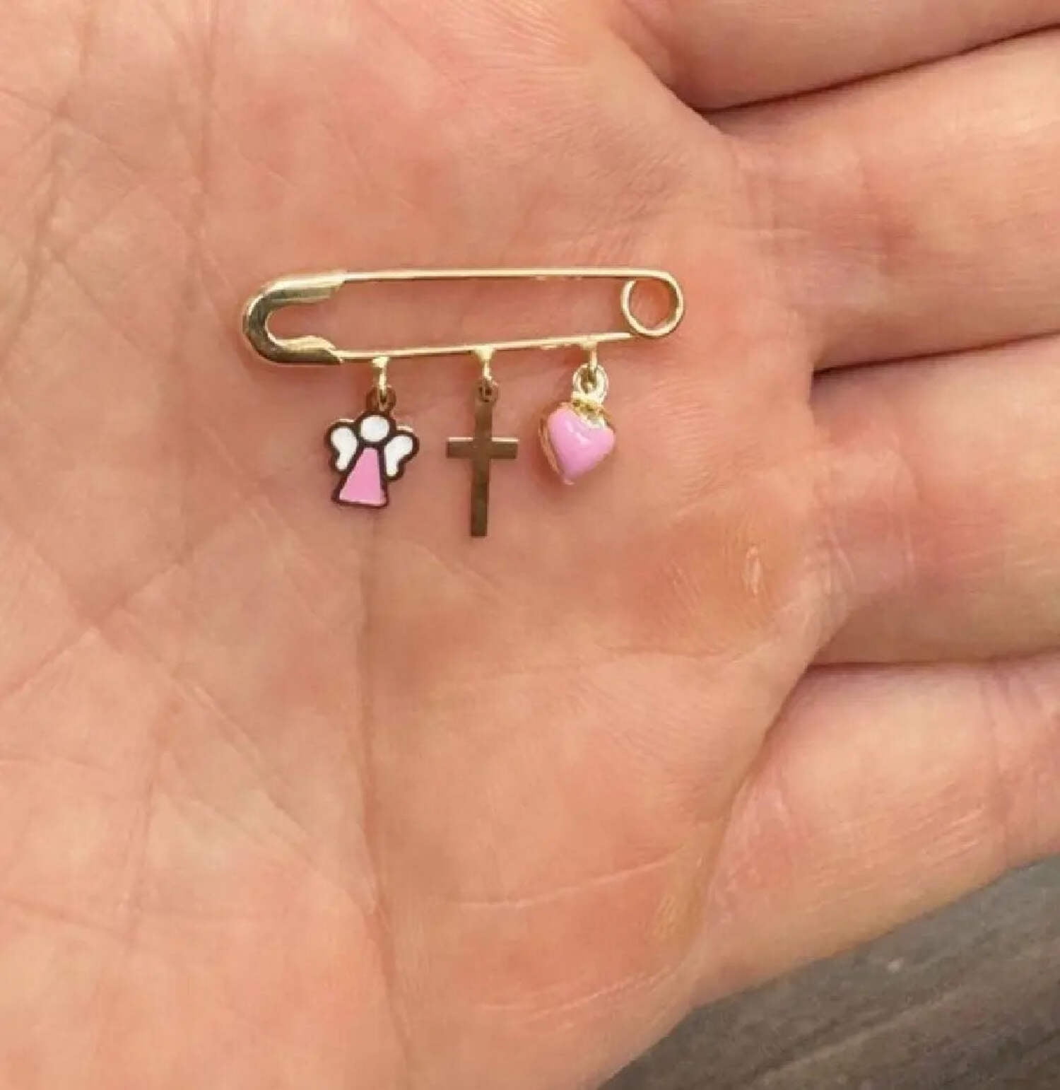 18k Solid Yellow Gold  Cross Pink Heart and Angel Enamel Safety Pin