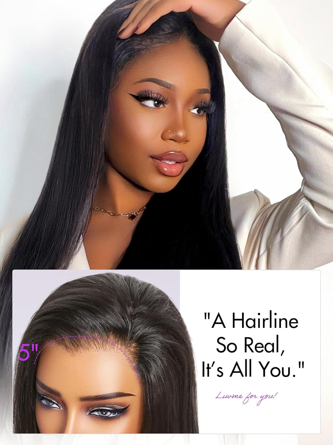 LUVME 100% Human Hair 5x5 Lace Front 18" Straight Wigs Glueless Pre Cut Plucked Long Black Closure for Women