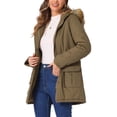 thumbnail image 4 of Chaqueta parka de invierno para mujer INSPIRE CHIC, abrigo acolchado largo, cálido, a prueba de viento, con capucha de piel sintética, talla XL, color caqui, 4 of 6