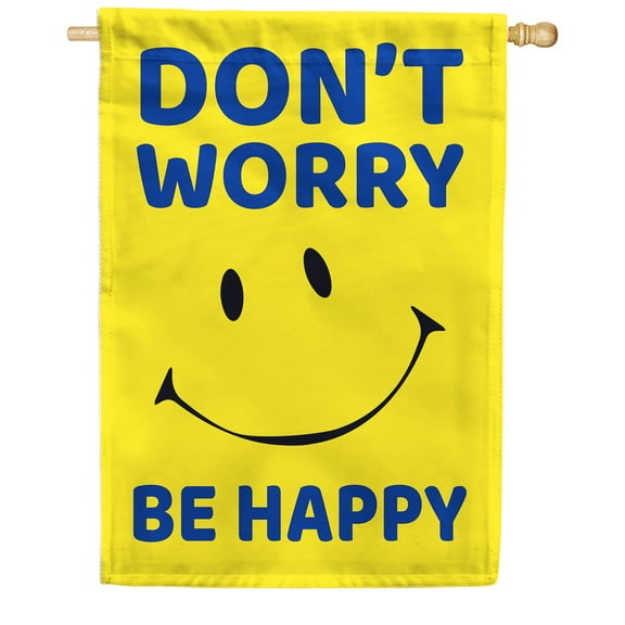 America Forever Don't Worry Be Happy House Flag 28 x 40 inches Yellow Smiley Happy Face Inspirational Positive Quotes Double Sided Seasonal Yard Outdoor Decorative Motivational Flag