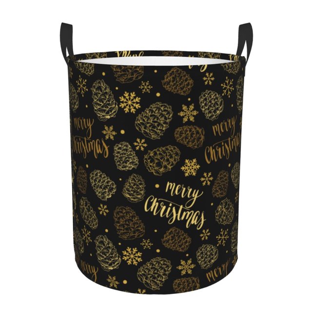 Balery Gold Pinecone Merry Christmas Cesta de ropa redonda con asas, impermeable, independiente, para ropa, juguetes, dormitorio y familia-Small