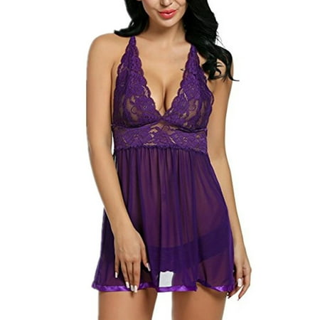 

Pfysire Womens Sexy Lace Halter Nightdress with Thong G-string Babydoll Purple L