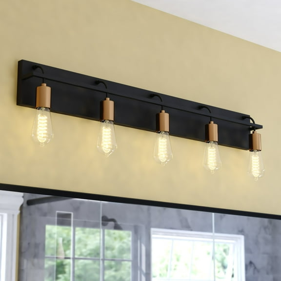 Seward Park 5 Light Black and Satin Gold Brass Industrial Bathroom Vanity Fixture with Full Backplate