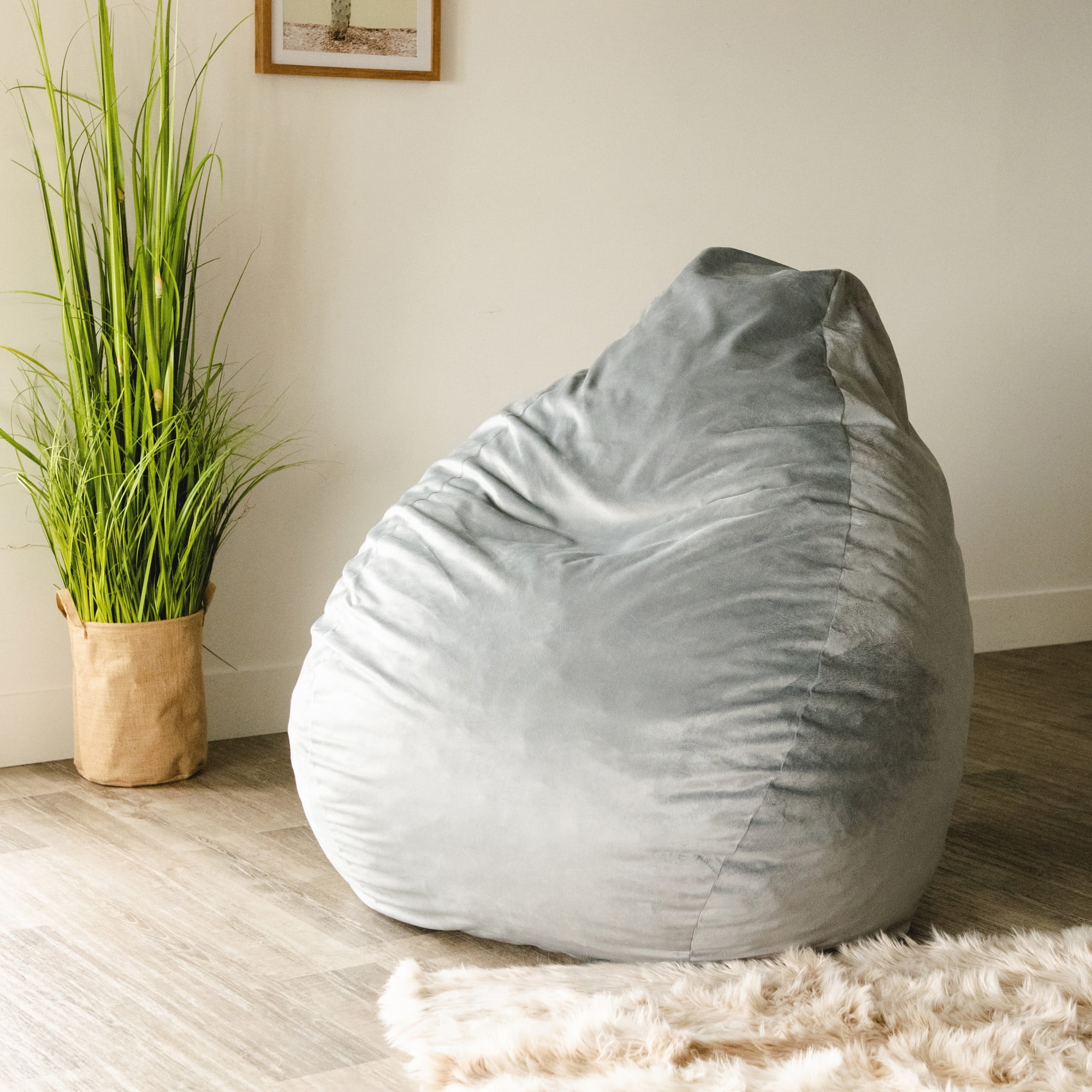 Big Joe Lotus Foam Filled Teardrop Bean Bag Chair with Removable Cover, Gray Plush, Soft Polyester, 4 feet Big