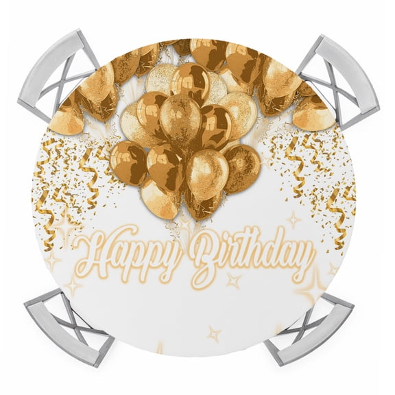 Happy Birthday Round Tablecloth for 55-60 Inch Tables,Fitted Table Cover with Elastic Edge,Golden Balloons Ribbons Abstract Art Waterproof Outdoor Table Cloth Protector for Patio Garden Dinner Picnic