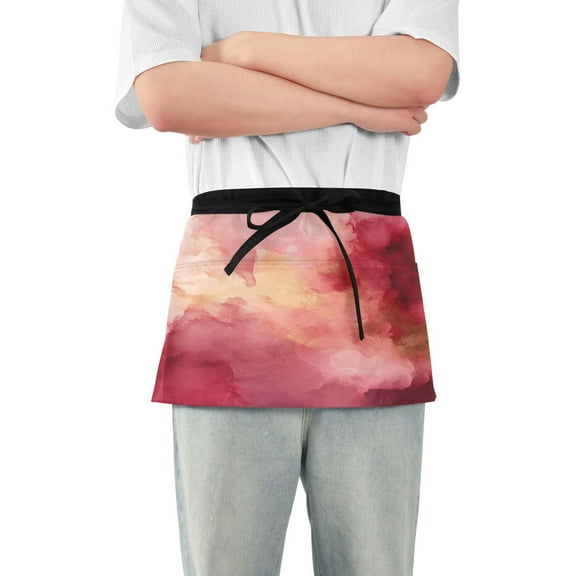 Red Pink Marble Server Apron with 3 Pockets Waterproof Waitress Waist Short Apron for Man Woman 12 Inches