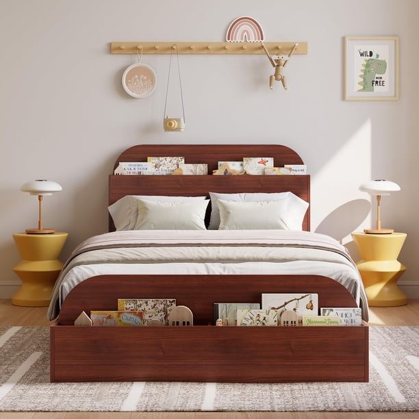 Yeshouse Estructura de cama de madera con cabecero y pie de cama con espacio de almacenaje, plataforma baja con listones de madera, sin somier