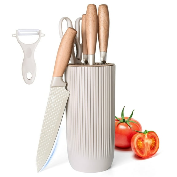 Coliware 6-Piece Knife Set, Stainless Steel Khaki Professional Kitchen Knife Set for Chef, Super Sharp Knife Set with Universal Knife Block for Home Restaurant