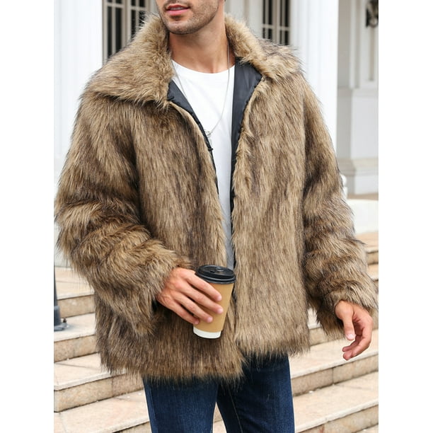 SUNSIOM Men's Fuffy Faux Fur Winter Coat Long Sleeve Lapel Collar