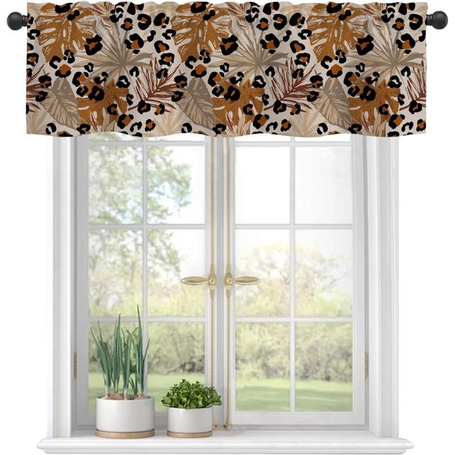 Valances Curtains for Windows, Leopard Print Palm Leaves Semi Sheer Curtain Valances, Rod Pocket Short Window Treatment Light Filtering Decor Valances for Kitchen Living Room Bedroom Windows - 54"x18"