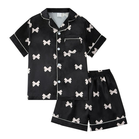 Gunia Girl Pajamas Satin Pajama Short Sleeve With Buttons Silk Feel Comfortable Nightwear Outfit Sleepwear Black 4-5 Years