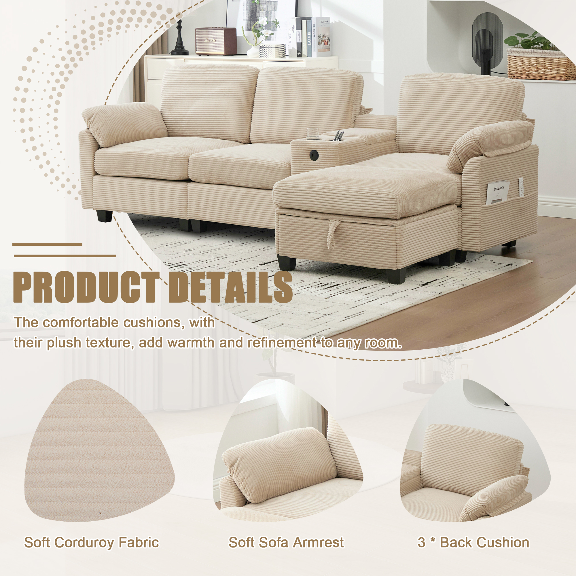 MOONMISS Corduroy Upholstered L-Shaped 4-seater Storage Multifunctional Sectional Sofa with Storage Ottoman-Khaki