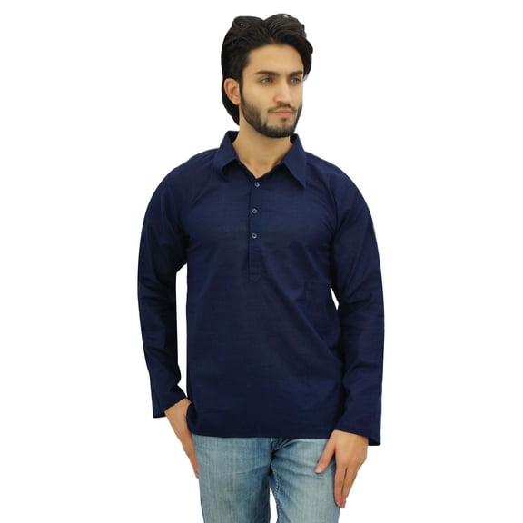 Atasi Men's Blue Kurta Roll-Over Shirt Collar Neck Ethnic Indian Clothing-Small