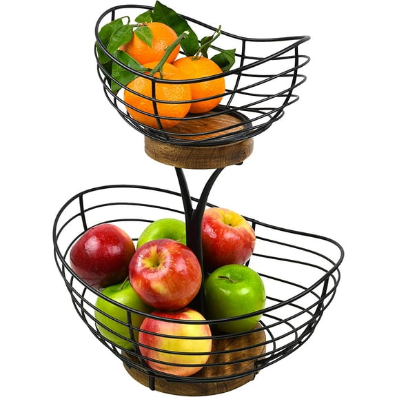 Modern Farmhouse 2 Tier Fruit Basket for Kitchen Counter, Vintage Wire and Wooden Base Fruit Bowl / Stand for Kitchen countertop Decor - Double Tree Fruit & Vegetables Basket
