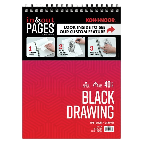 Koh-I-Noor 11" x 14" Black Drawing Paper Pad with In & Out Pages, 70lb. /104 GSM, Top Wire-Bound, 40 Sheets per Pad